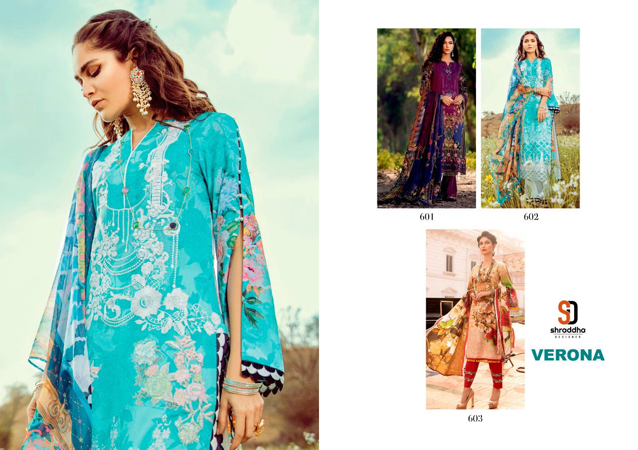 Shraddha Verona Latest Fancy Designer Festive Wear Lawn Cotton Printed With Embroidery Work  Dress Material Collection
